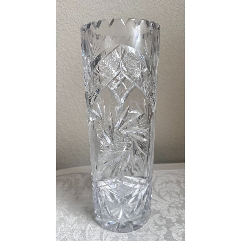 Vtg Hobstar 12" Cut and Etched Lead Crystal Vase